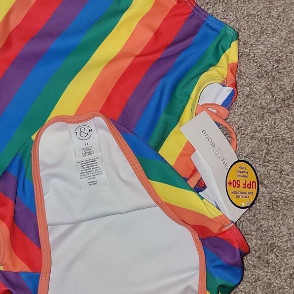 Treasure & Bond Cutout 1 Pc Swimsuit UPF 50+ Orange Vibrant Multi Stripe 🌈 14 - Picture 3 of 5